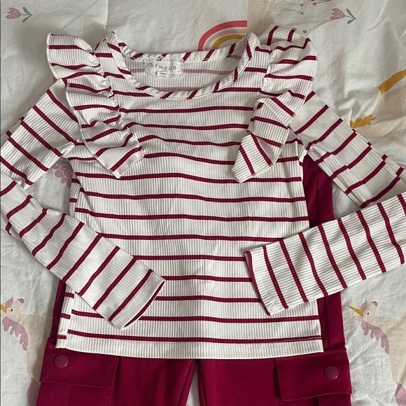 btween Burgundy Striped Ruffle Top and Pants Set - Picture 2 of 4